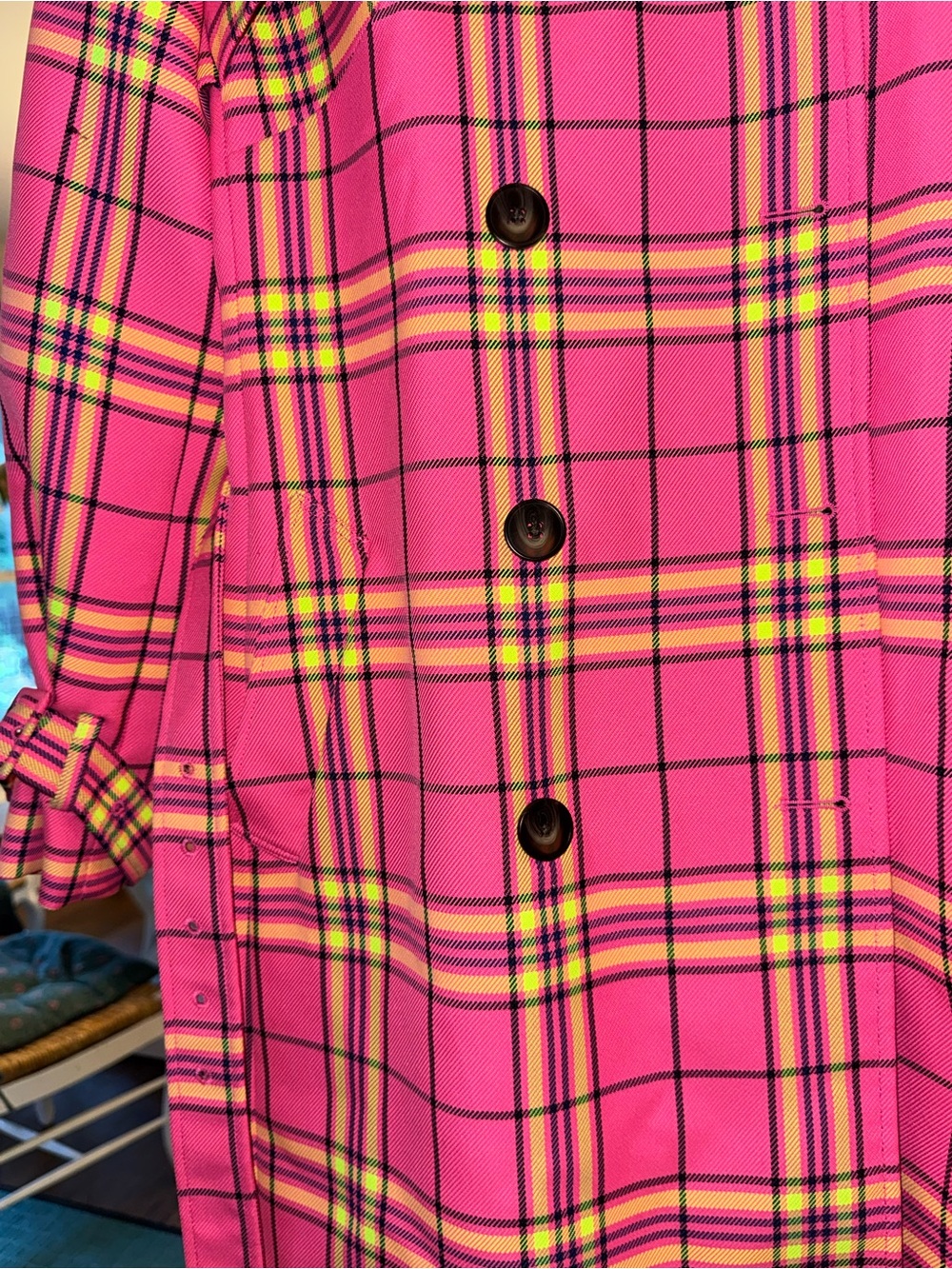 Boden Cheltenham Neon Pink Yellow Plaid Check Trench Coat Double Breasted - Picture 2 of 4